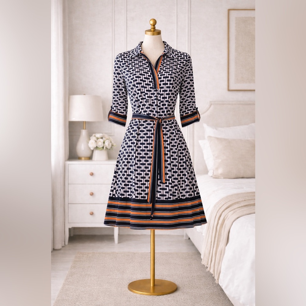 Navy Geometric Midi Shirt Dress with Contrast Stripe Trim